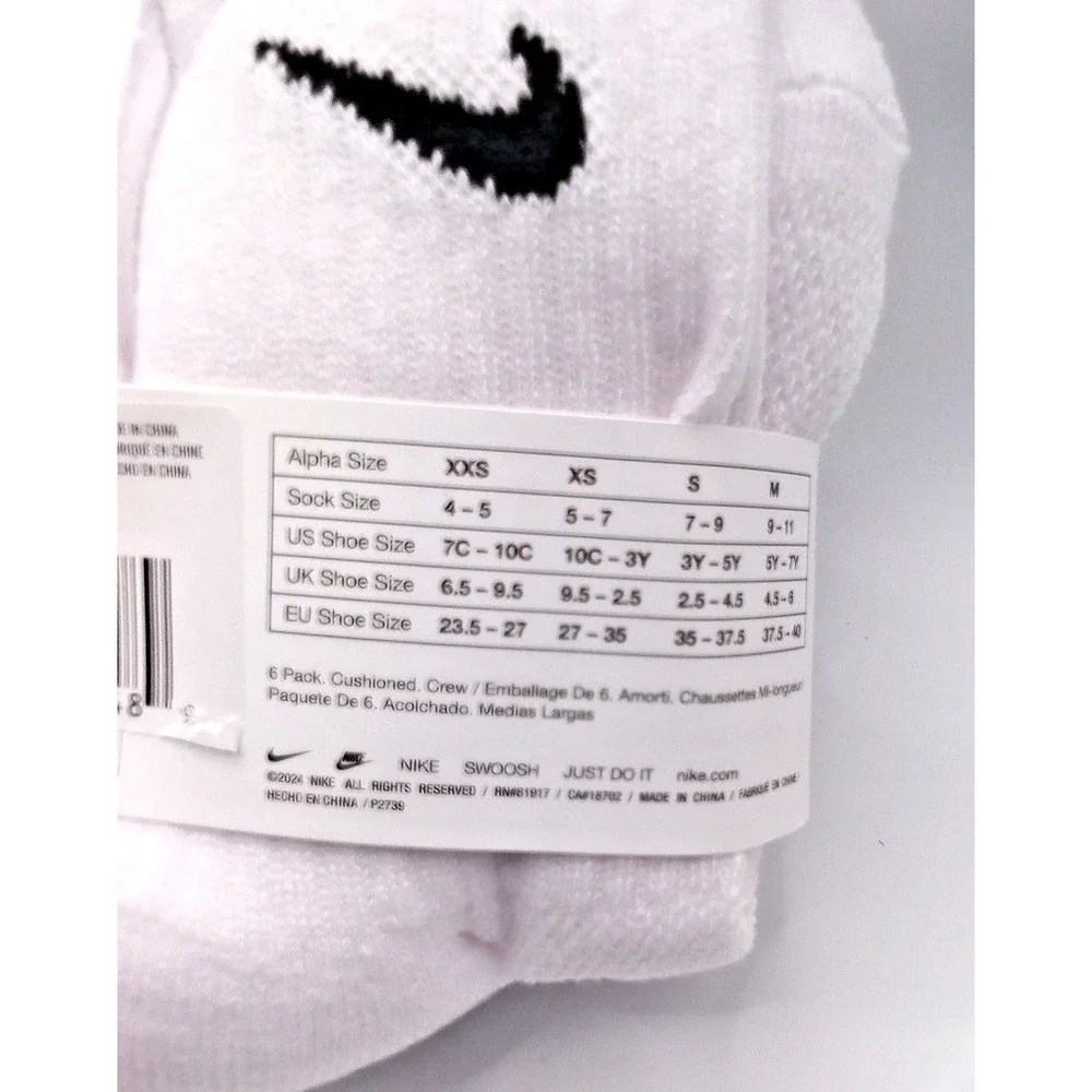 NIKE Kids Unisex Cushioned Crew Socks 6 Pairs White, YTH Shoe Size 10c-3y